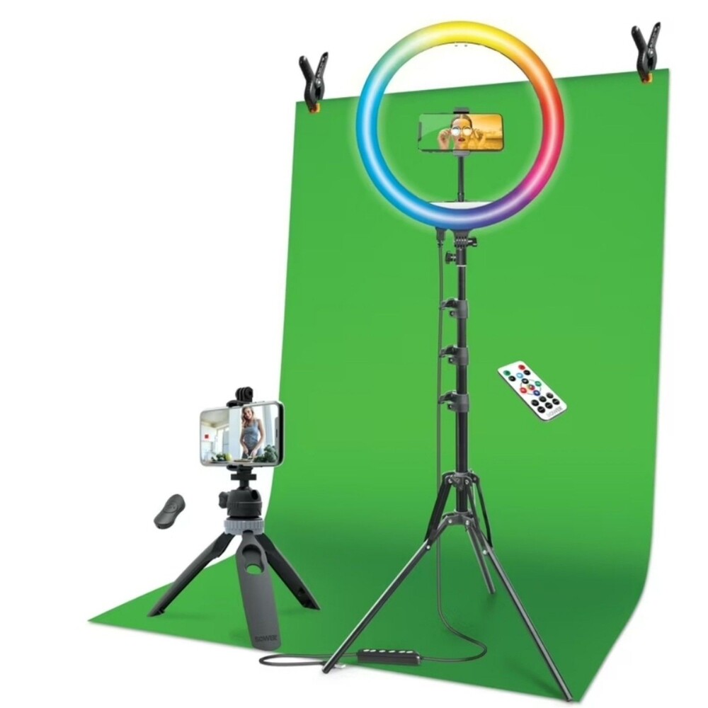 Bower Content Creator Kit with16-inch RGB Ring Light,62" Tripod,Green Screen New